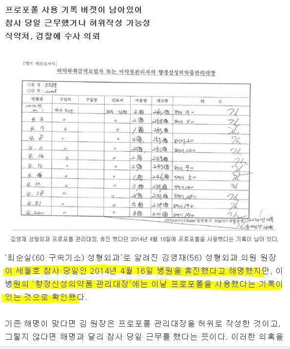 세월호 참사 당일 휴진했다던 병원에서 프로포폴 처방 기록 나와 | 인스티즈